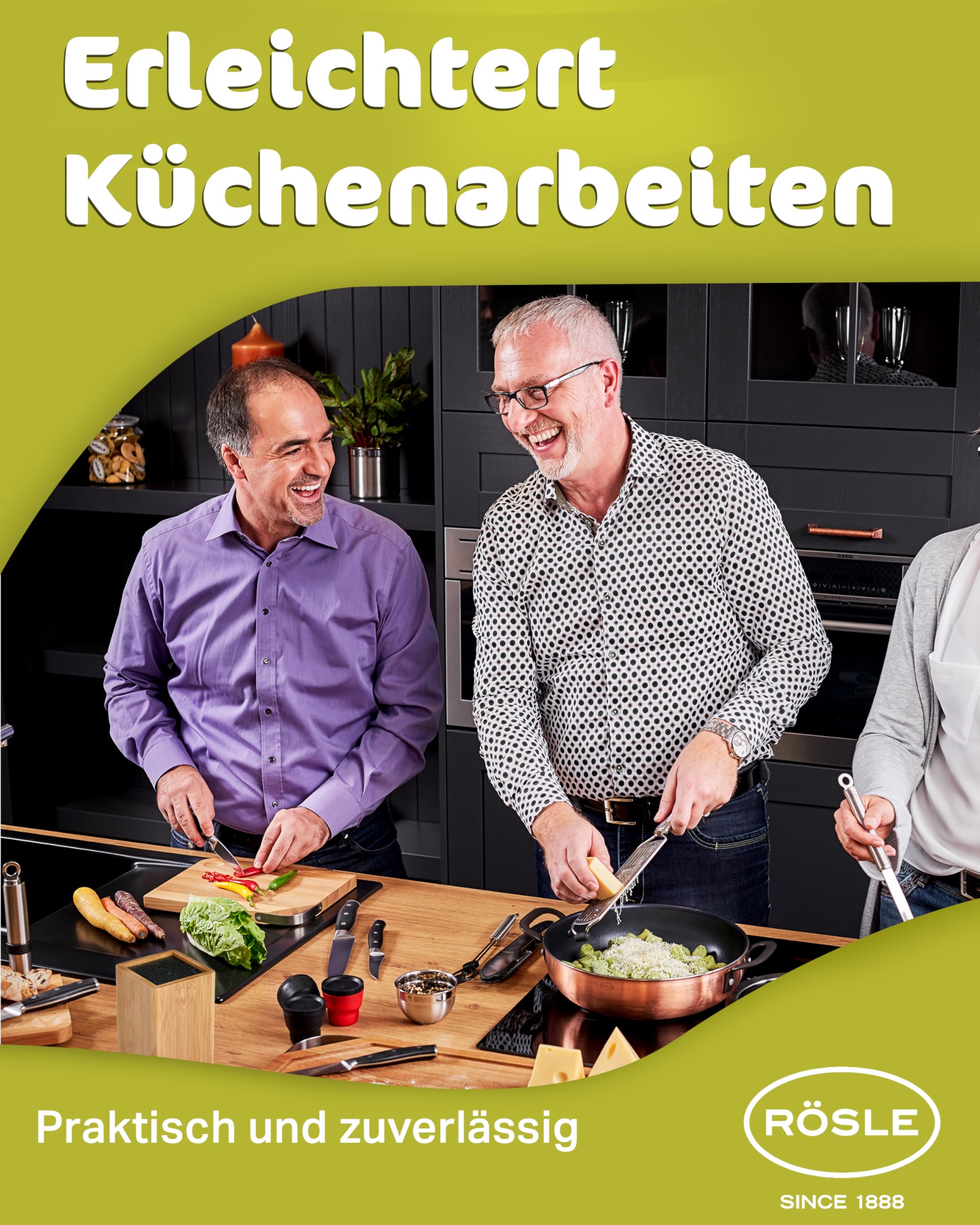 RÖSLE CUISINE Bürsten Messerblock, 7-tlg. Set: Bambusholzblock mit 5 scharfen Küchenmessern und einer Küchenschere, Klingenspezialstahl, Fingerschutz, scharfes Messerset für alle Schneidearbeiten