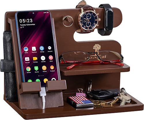 Estación de acoplamiento de madera para hombre, organizador de mesita de noche de madera de lujo para hombres, idea de graduación, aniversario,