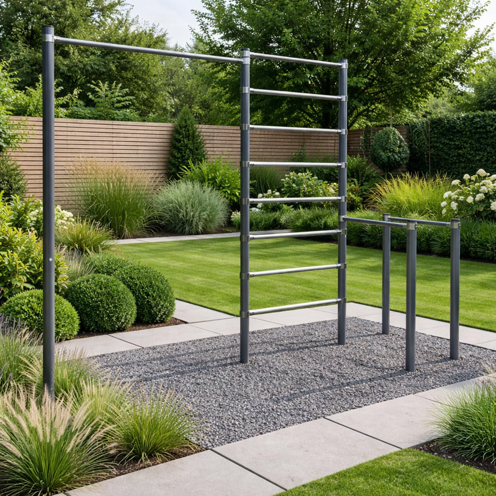 QLS ZO6-60 Outdoor Fitness Station Set – Barra de dominadas, estación de inmersión y barra de peldaños – Juego de jardín de entrenamiento de calle, altura ajustable, hasta 250 kg, acero galvanizado
