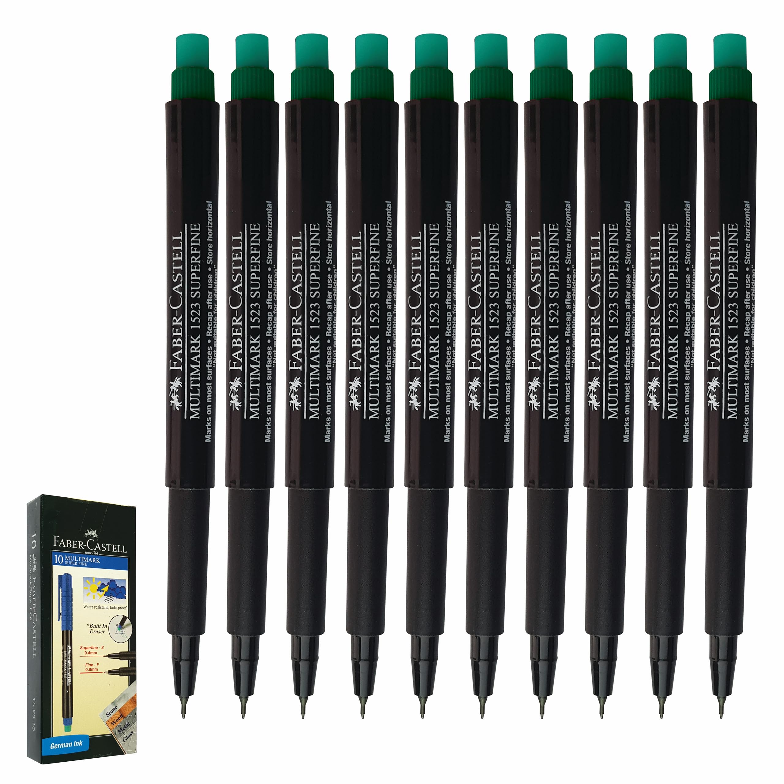 Faber-Castell Multimark (S) Permanent Marker Pens, GREEN, SuperFine Point (0.4mm), Pack of 10, Built In Eraser, Water n Fade Resistant, Marks on Most Surfaces