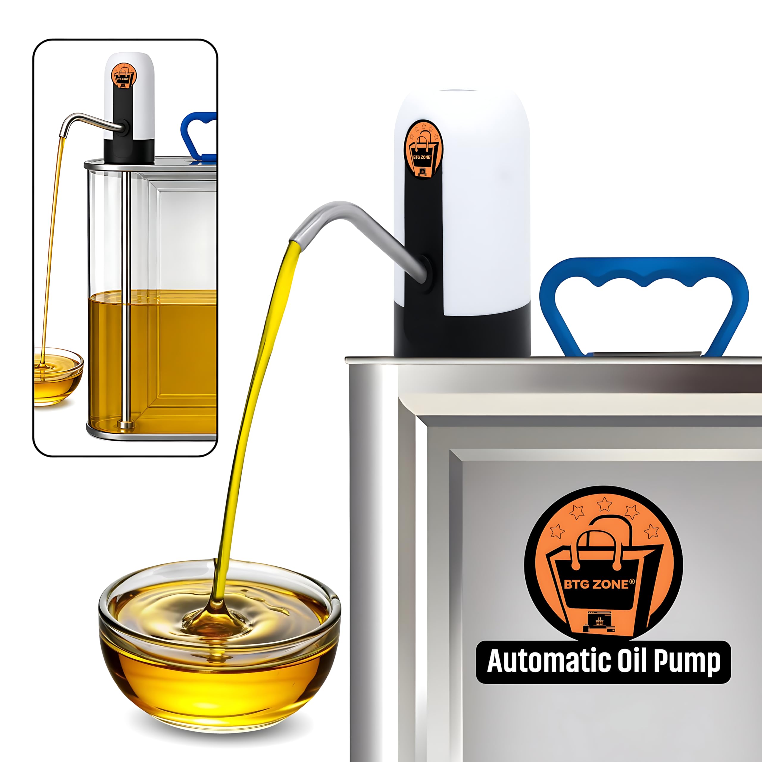 BTG ZONE Automatic Stainless Steel Oil Dispenser Pump for 15 Litre/Kg Tin | USB Rechargeable with Food-Grade Pipe | Touch Control, Spill-Proof Tap | Fast Continuous Flow for Home & Kitchen (Pack Of 1)