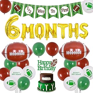 Football Half Birthday Decorations - Football 6 month Birthday Party, 1/2 Birthday Football Decorations Banner, Green Coffee Balloons Happy Birthday Cake Topper 6 Month Foil Balloon for Boy Birthday