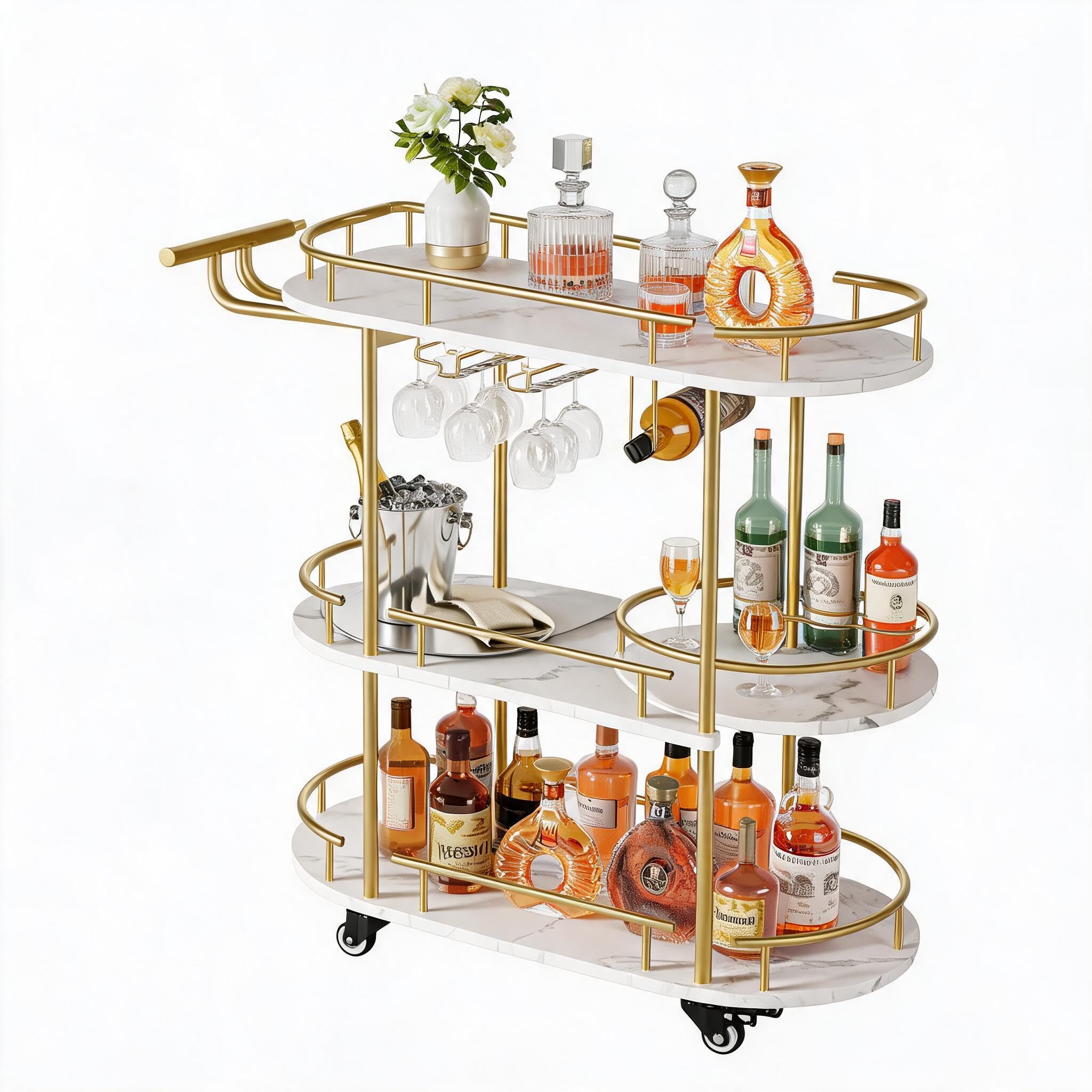 Barwagen auf Rollen, 4 Etagen Servierwagen aus Metall - mit Weinregal & Glashalter - schmaler Bar Cart für Küche, Wohnzimmer & Esszimmer - Farbe: Gold