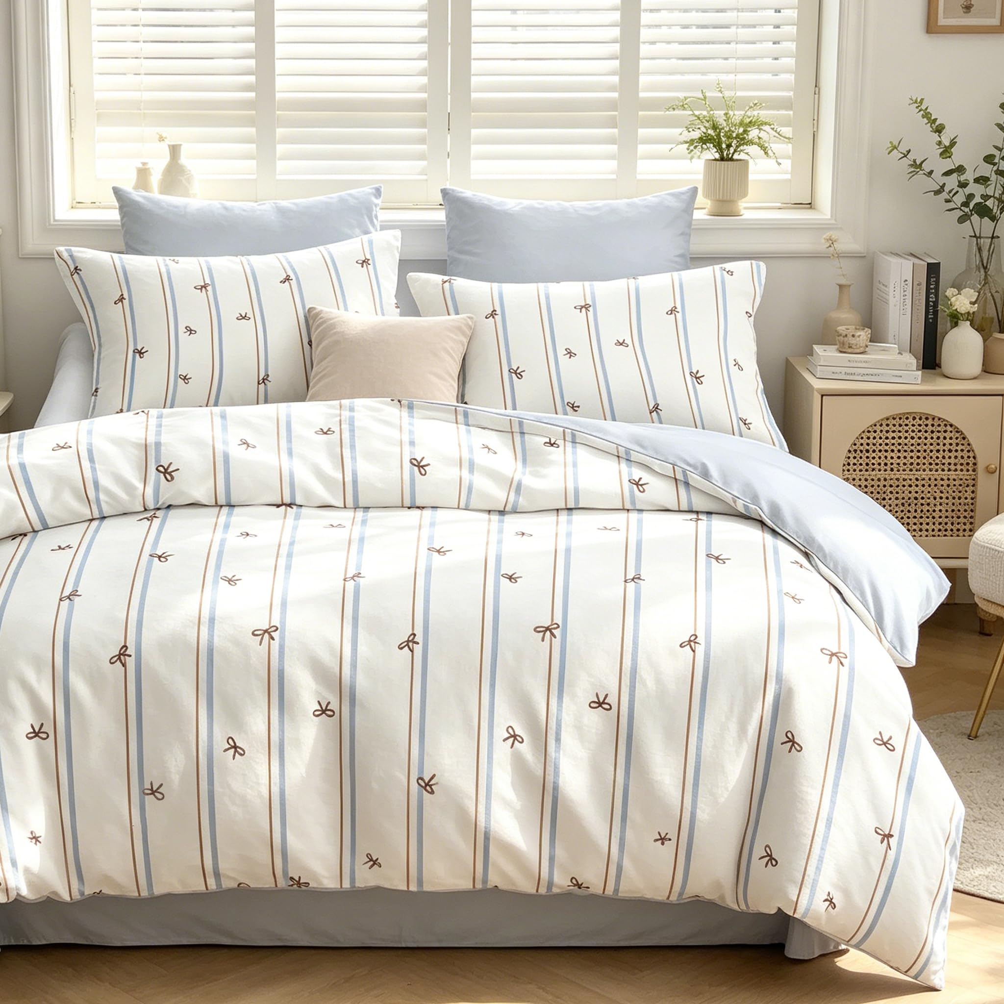 Nyescasa Blue White Duvet Cover Set Double Stripe Bow Microfibre Reversible