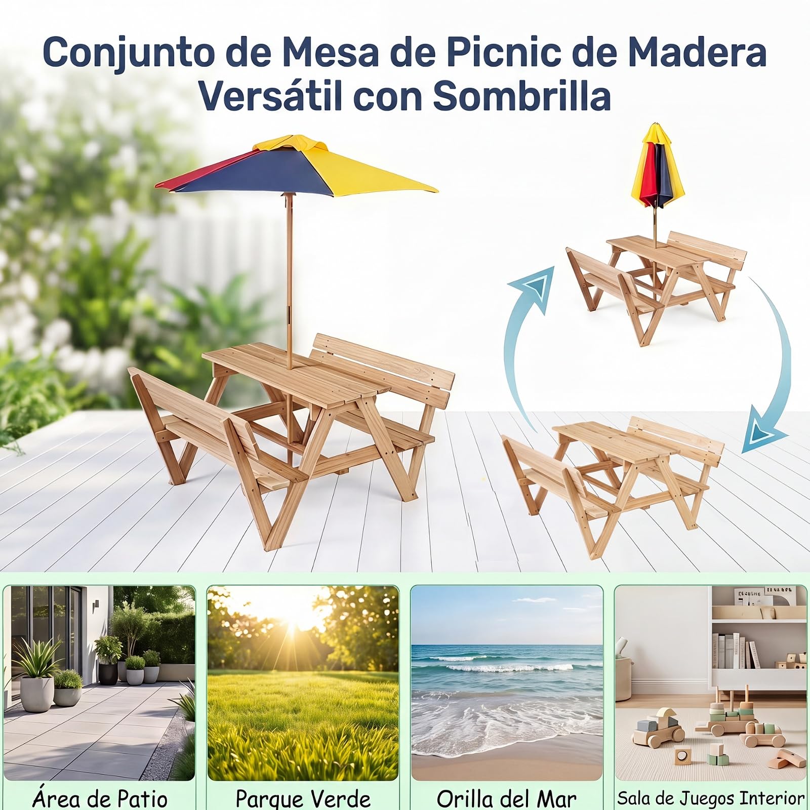 LIFEZEAL Mesa Picnic Infantil Madera, con Sombrilla | Set 2 Bancos Integrados y Respaldo, Estructura Abeto Resistente, Mueble Exterior Niños 3-8 Años Jardín Patio Playa