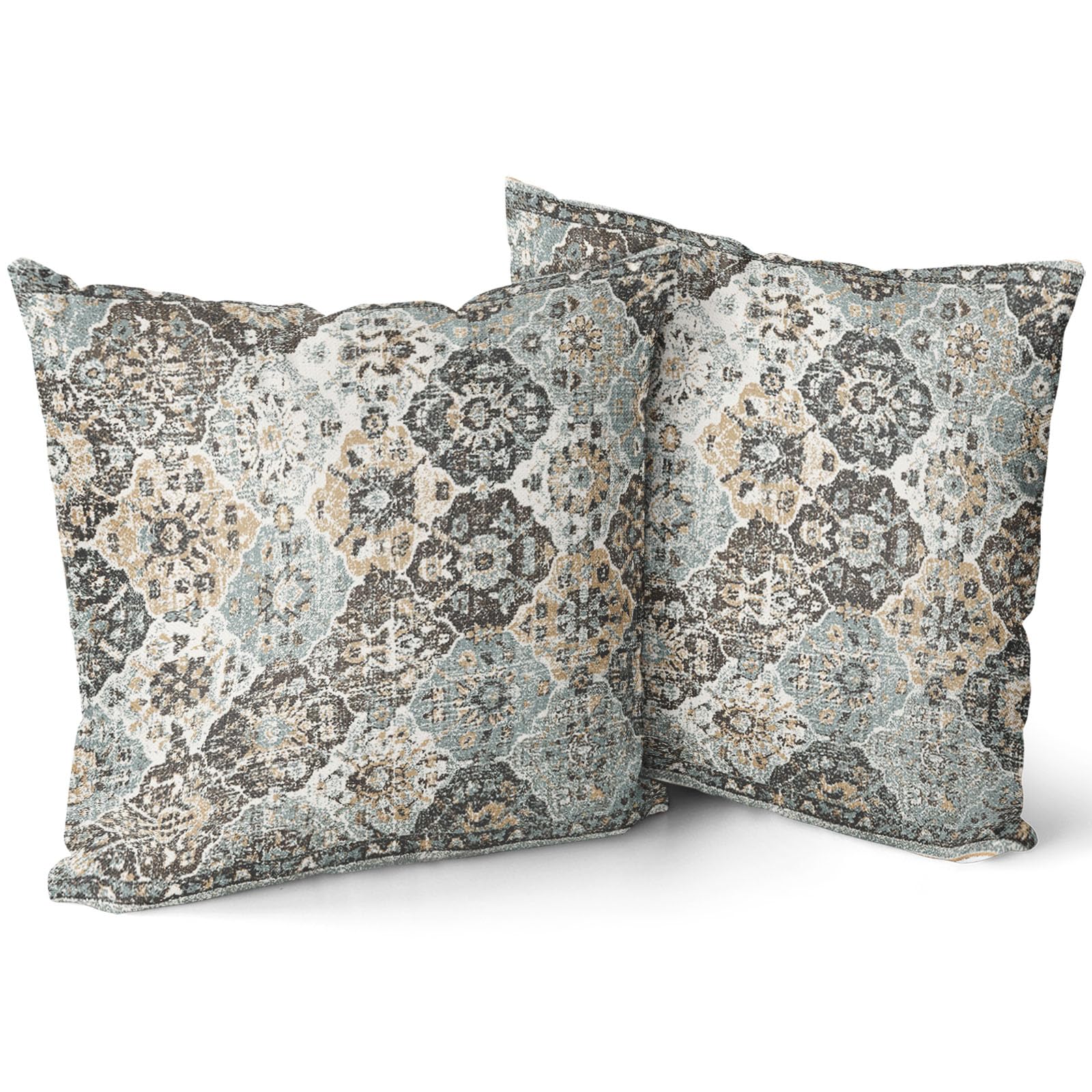 Light Blue Tan Gray Vintage Bohemian Pillow Covers 24x24 In Dark Brown Beige Grey Boho Flower Rug Oriental Carpet Pillow Cases Set 2 Antique Tapestry Rustic Throw Pillows For Cushion Couch Outdoor