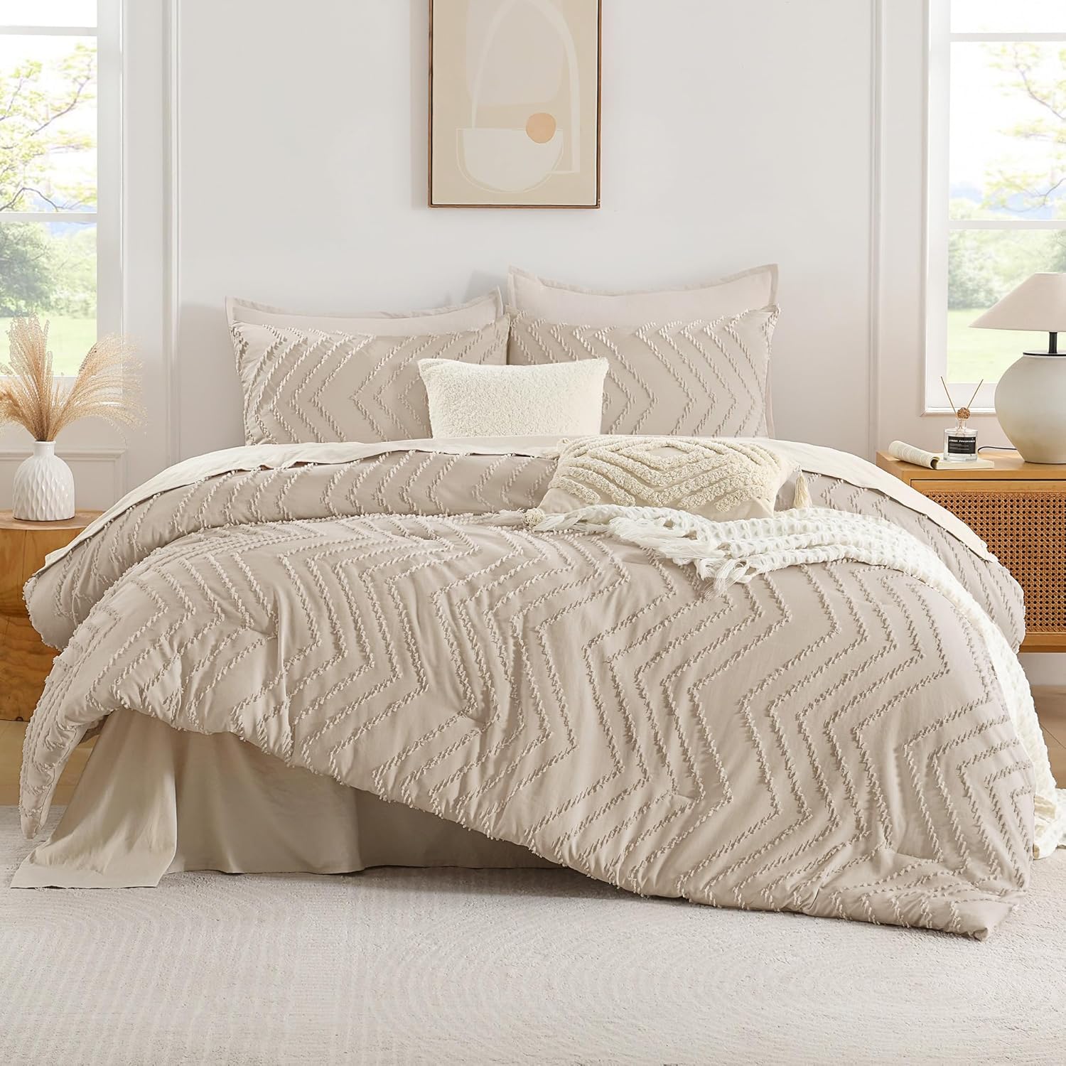 Andency Khaki California King Comforter Set, Boho Cal King Soft Warm Tufted Neutral Bedding Comforter Sets, 3 Pieces Cali King Aesthetic Chevron Farmhouse Cute Bohemian Textured Bedding Set - Image 2