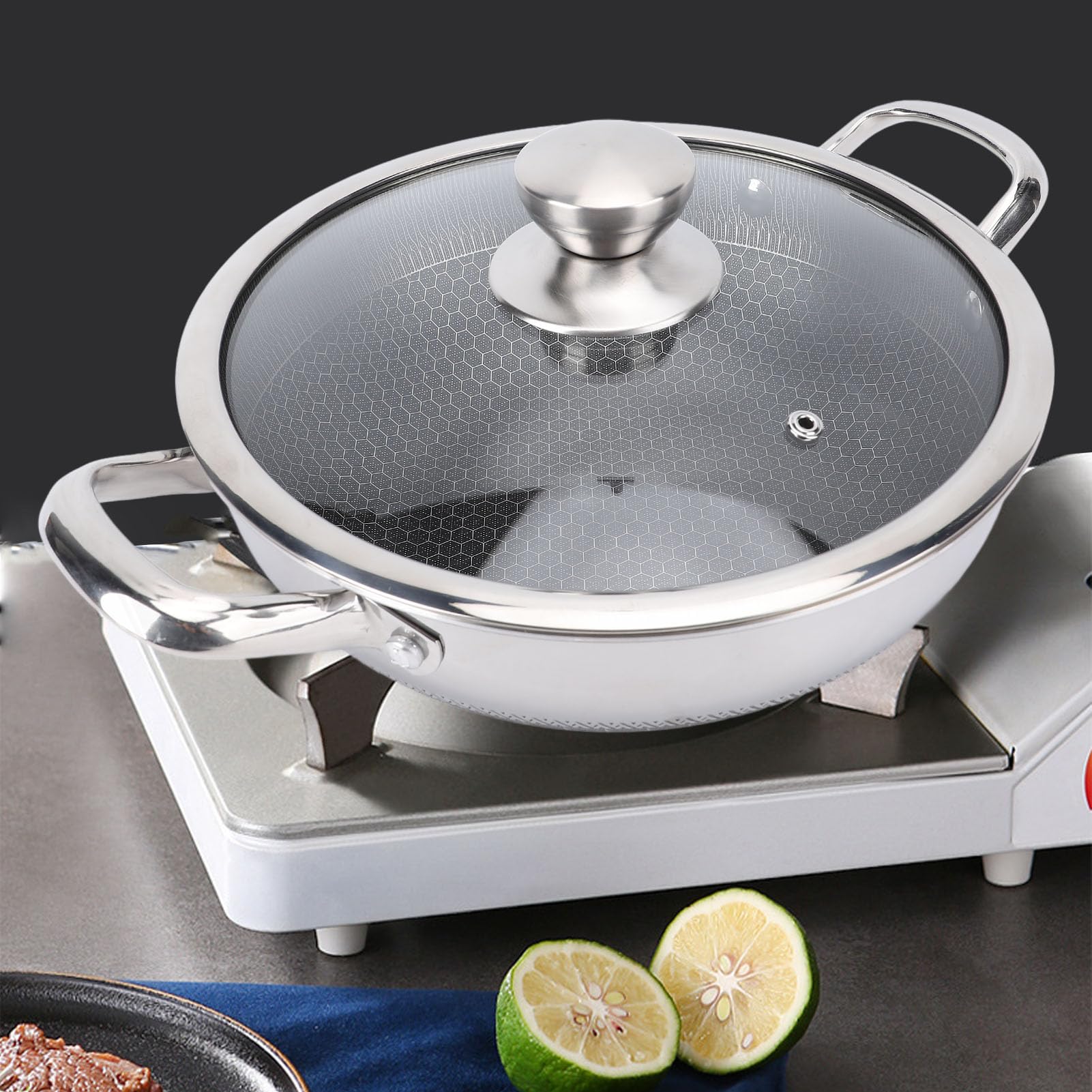 Jiawu Sartén antiadherente de acero inoxidable, sartén de inducción con diseño de panal, apta para todo tipo de cocinas, mango que se mantiene frío, apta para lavavajillas (26CM)