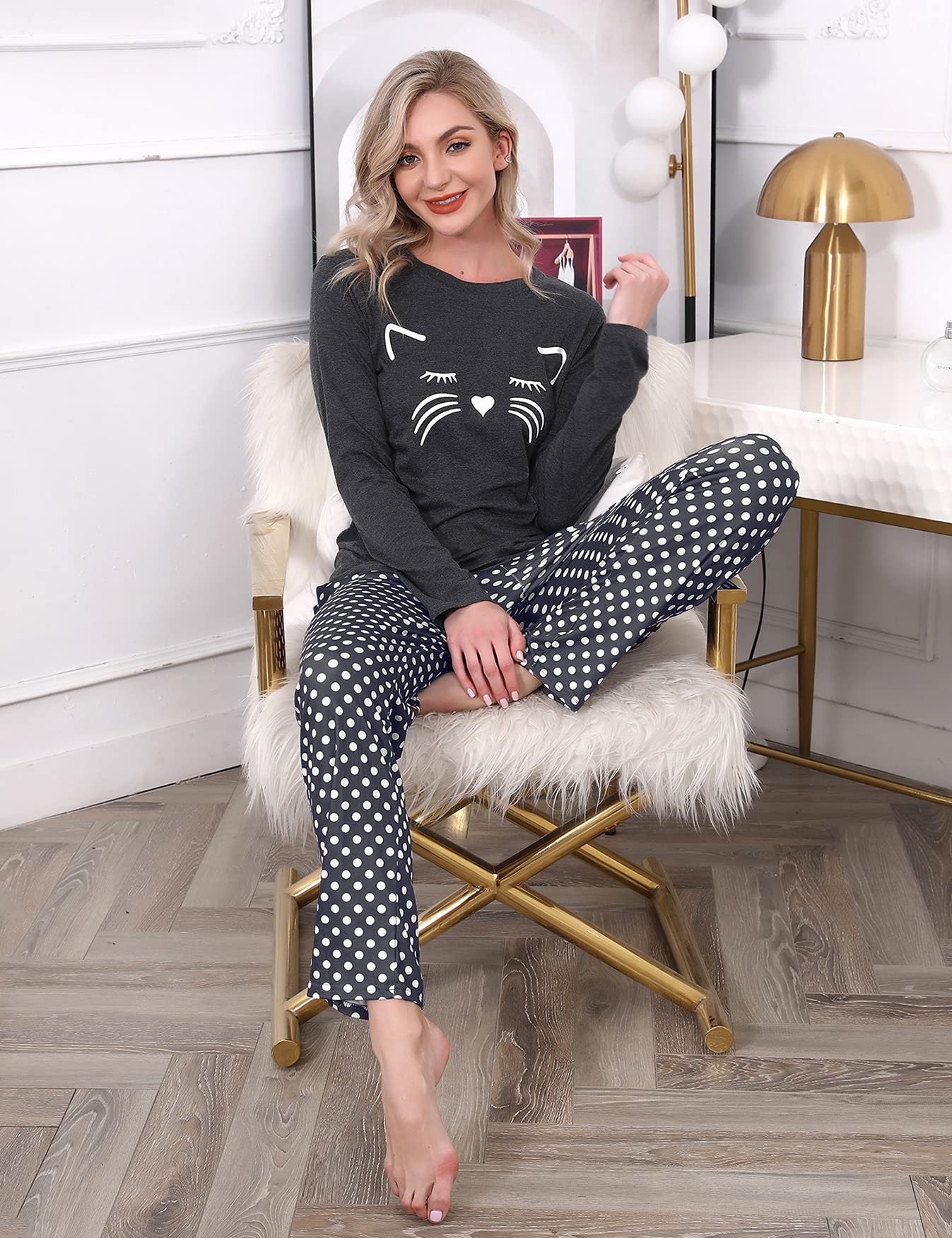 Uniexcosm Pigiama per Donna Pigiama Donna Cotone Lungo Leggero Gatto Girocollo Maniche Lunghe Pigiama Due Pezzi Donna a Tasche Laterali