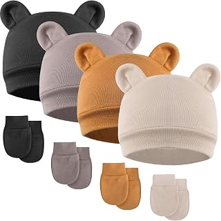 DRESHOW BQUBO Newborn Baby Bear Ears Hats and Mittens Sets Preemie Cotton Caps Baby Boy Girl Infant Hospital Beanie