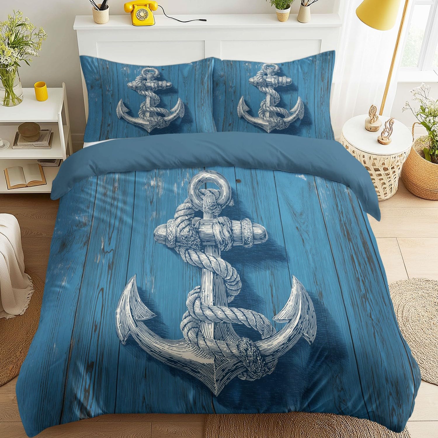 Housse de couette 140x200 ancre nautique parure lit microfibre avec fermeture éclair