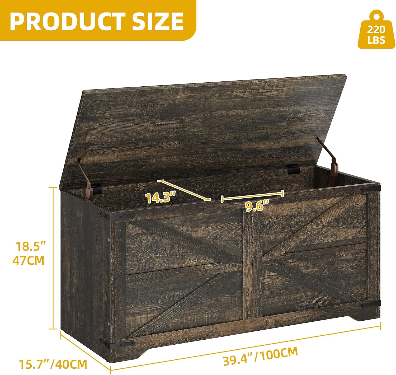 DWVO Wooden Storage Bench, Farmhouse Storage Chest with Safety Hinges, Entryway Shoe Organizer, Multi-Use Storage for Living Room/Bedroom, 39.4" L, Dark Rustic Oak