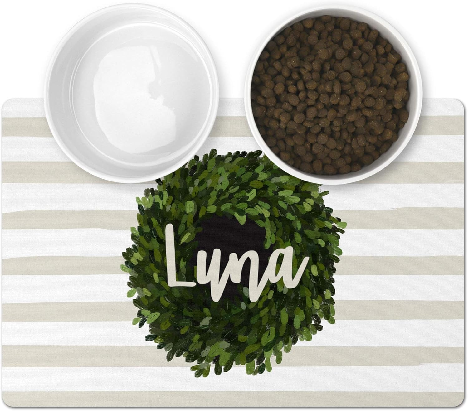 Personalized Pet Mat - Neoprene, Sturdy & Non-Skid Back - Cats & Dogs Feeding Mat - Petfood, Water & Dish Bowl Pad - Edge Corner Utility Placemat (12 x18, Gray Stripe Wreath)