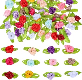 100PCS Ribbon Roses Mini Satin Roses with Green Leaves Mixed Color Small Flower Ribbons Satin Flowers for Crafts Sewing DIY Craft Decoration Wedding Festival Accessories (1.18× 0.47 Inches)