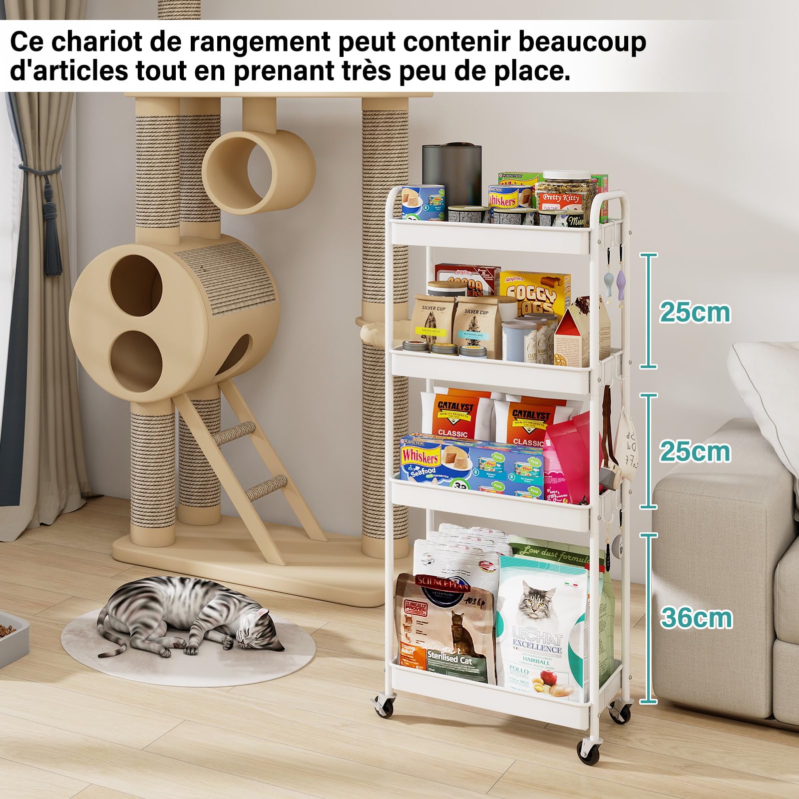PUNCIA Chariot de Rangement en Métal Desserte à roulettes à 4 Niveaux | Chariot Cuisine avec 6 Crochets Trolley de Service Facile à Installer et à Nettoyer pour Salon Salle de Bain Bureau (Blanc)