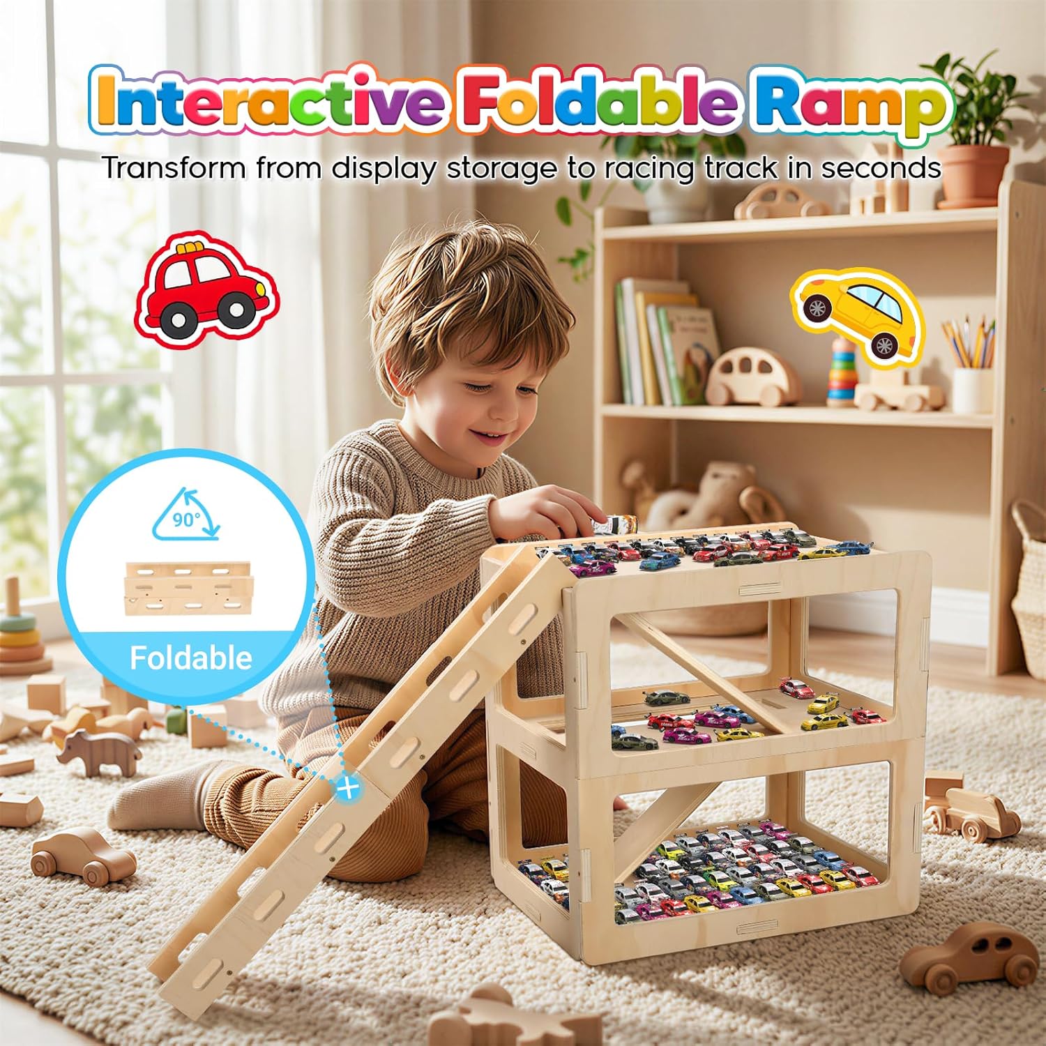 Wooden Toy Car Display Case Compatible with Hot Wheels & Matchbox, 1/64 Scale Parking Garage Storage with Foldable Racing Ramp, Easy Pin-Style Assembly Shelf for Kids Room Decor