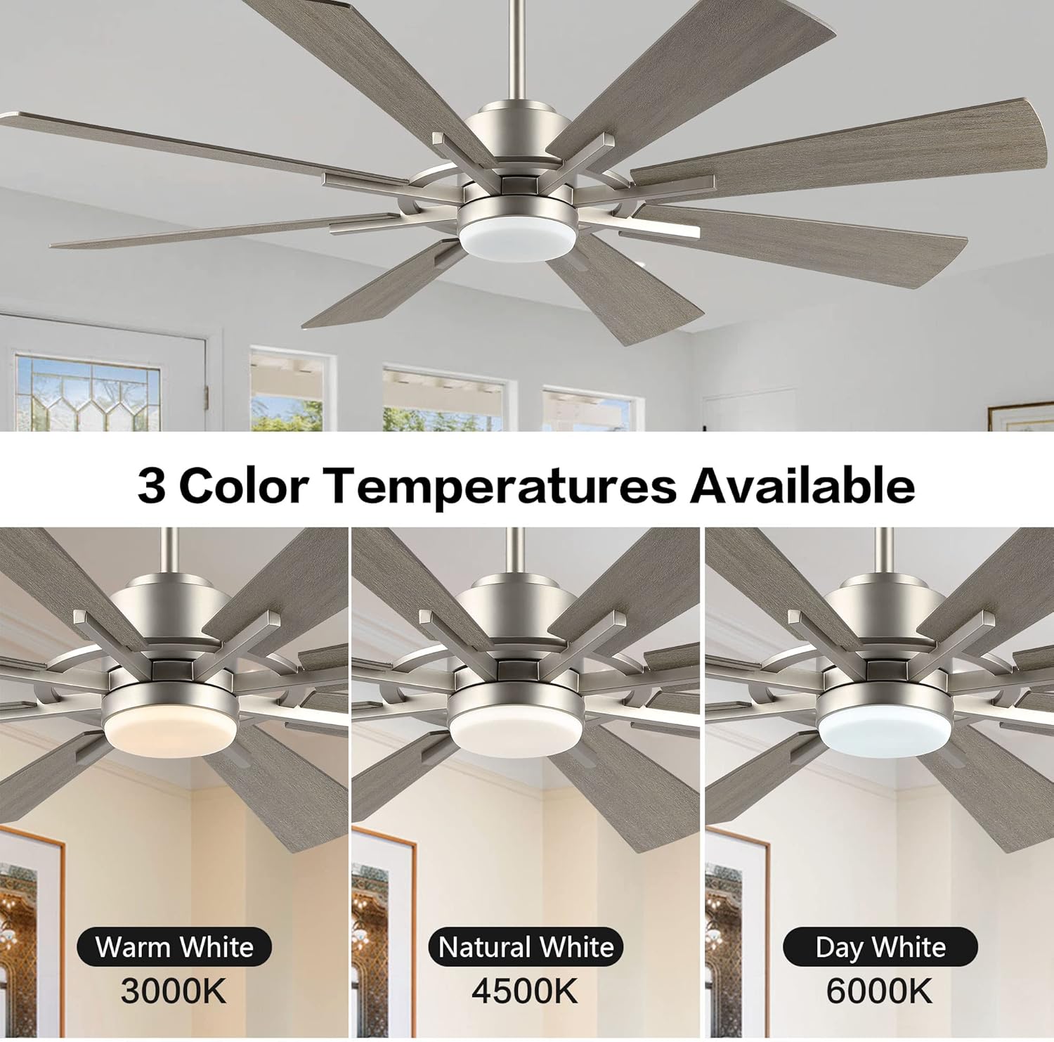 WINGBO 72" DC Ceiling Fan with Lights, Brushed Nickel and Gray Ceiling Fan with 3 Downrods, 8 Plywood Blades, 6-Speed Reversible DC Motor, Modern Ceiling Fans Indoor for Kitchen Bedroom Living Room
