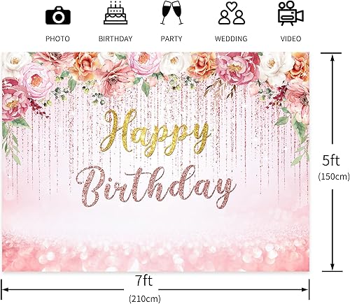 Miniatura 4 de LIGHTINHOME Telón de fondo de feliz cumpleaños para mujer, fondo de cumpleaños de flores rosas para niñas, 7 pulgadas de ancho x 5 pies de alto,