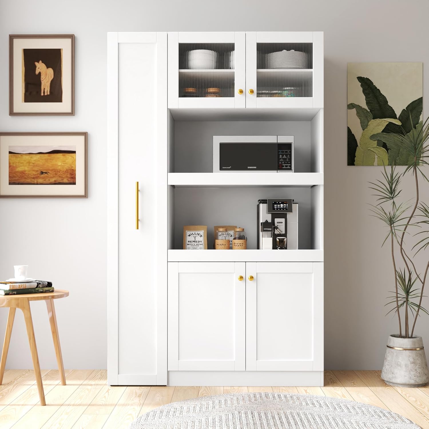 Modern Kitchen Pantry Storage Cabinet,Gold Handles,Freestanding Pantry Organizers with Pull-Out Multi-Tier Storage Shelf for Kitchen, Dining Room