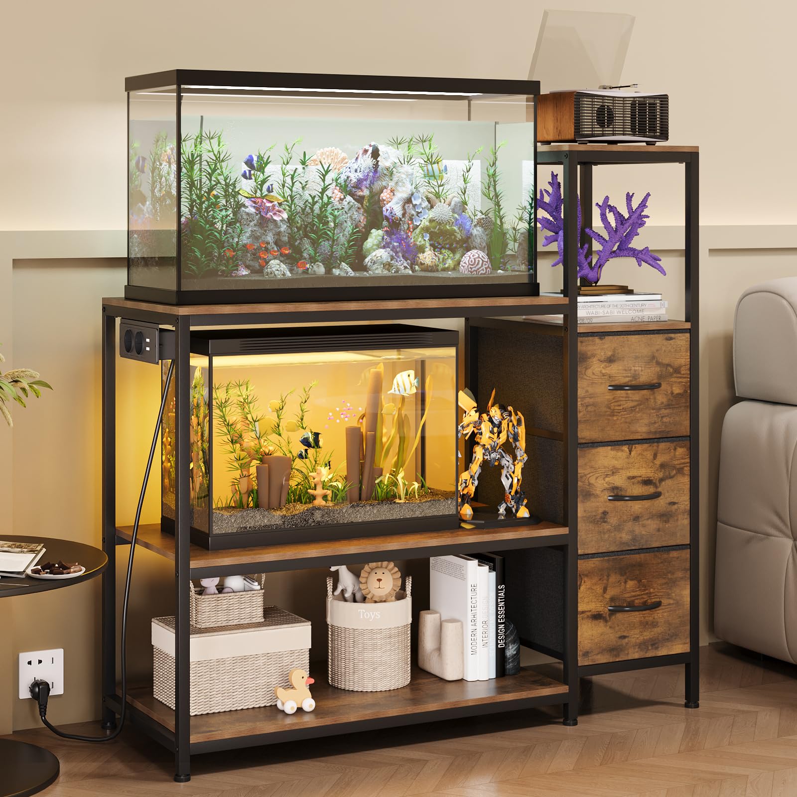 VEDECASA Soporte para acuario de 20 galones, armario inferior con enchufes de red, estantería para acuarios con 3 cajones, mesa de acuario de 3 niveles para acuarios, reptiles y terrarios (marrón)