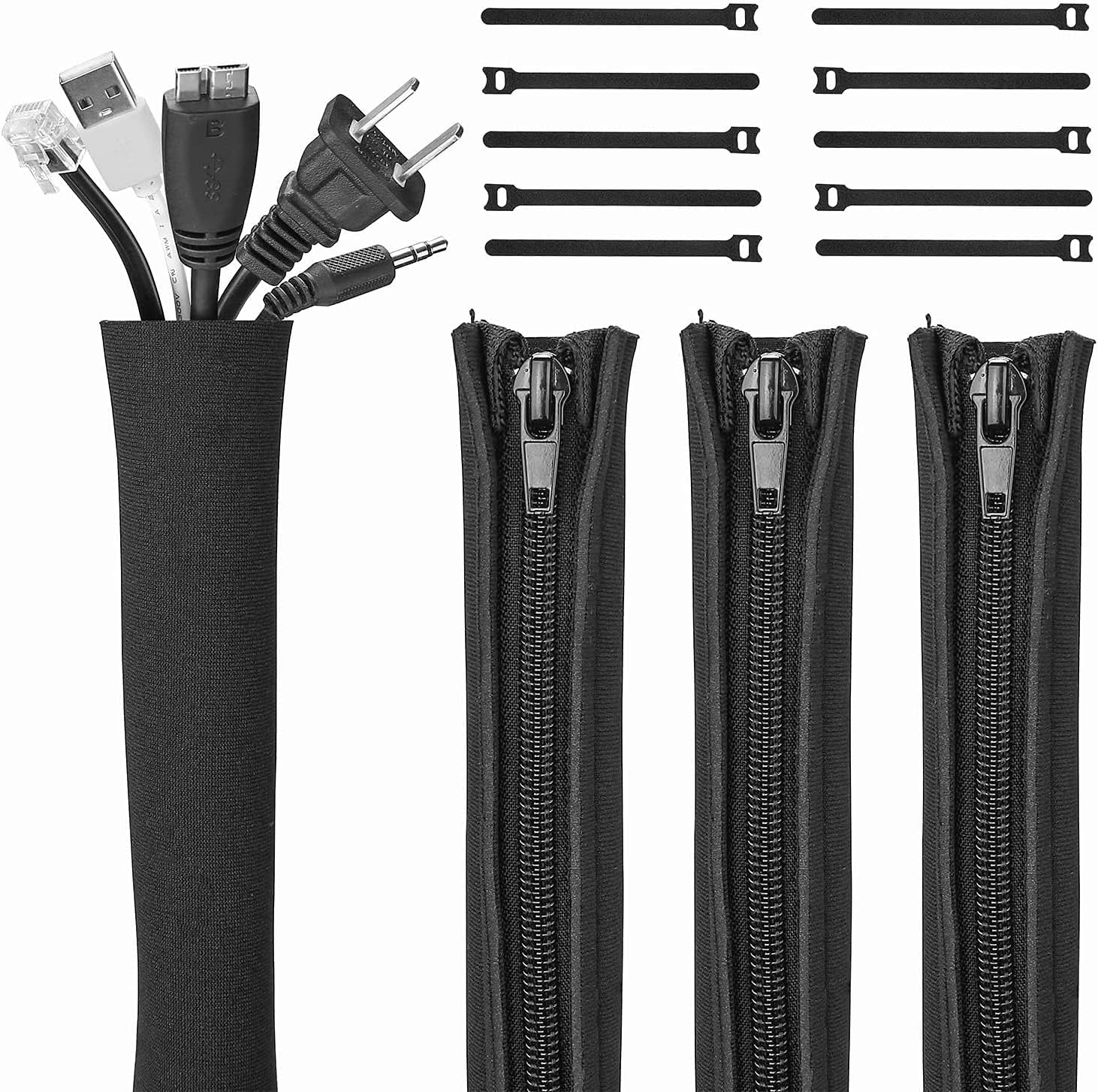 GURIXIANG Cable Management Sleeve (4 Pack) – 19.5 inch cord Management System with 10 pcs Cable Tie, Flexible Black Cable Cover Wire Hider with Zipper for TV/Computer/Home Entertainment system