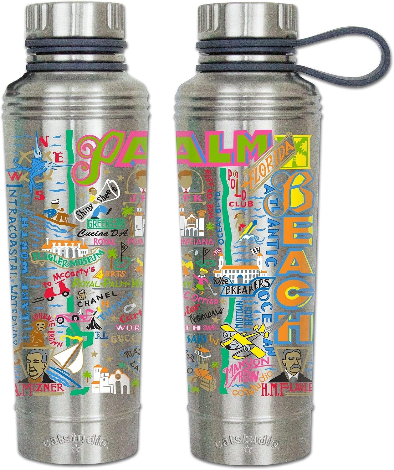 Catstudio Palm Beach Stainless Steel Water Bottle | Triple Wall Insulation With Non Slip Bottom | Great For Running, Hiking, Sports, & Travel