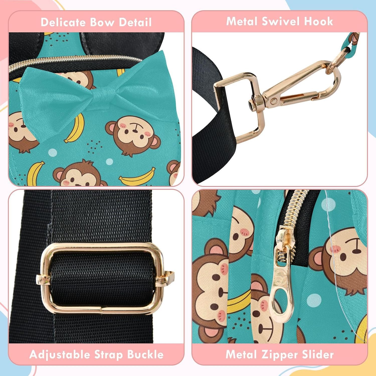 Monkeys Kids Sling Bag for Girls, 5.7x3.1x7.5 In | Crossbody Fanny Pack, Toddler Purse, Cute Sling Belt Bag with Ears, 2L Small Shoulder Chest Bag for Travel
