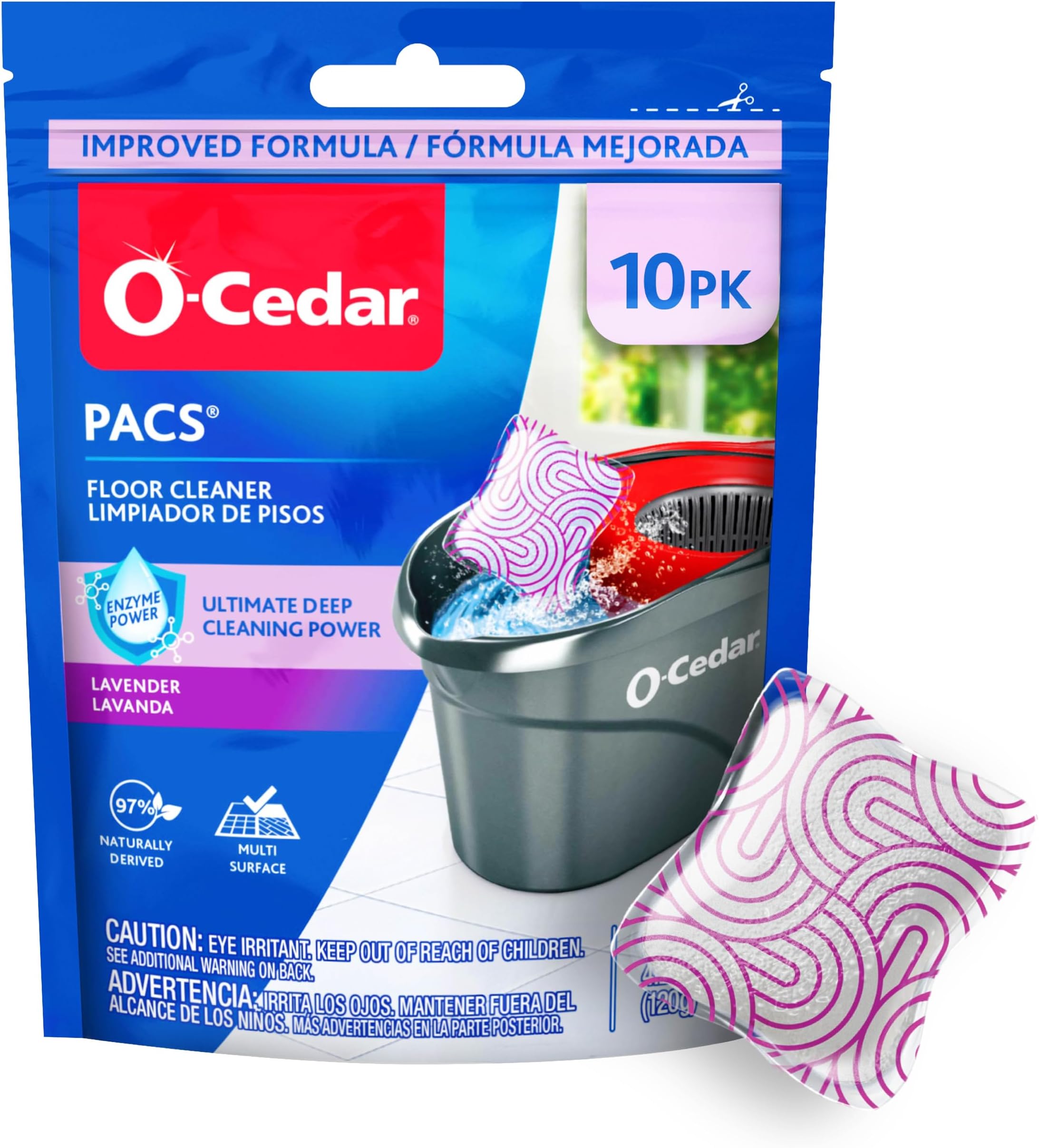 O-Cedar PACS Hard Floor Cleaner, Lavender Scent 10 Count (1-Pack) | Made with Naturally-Derived Ingredients | Safe to Use on All Hard Floors | Perfect for Mop Buckets