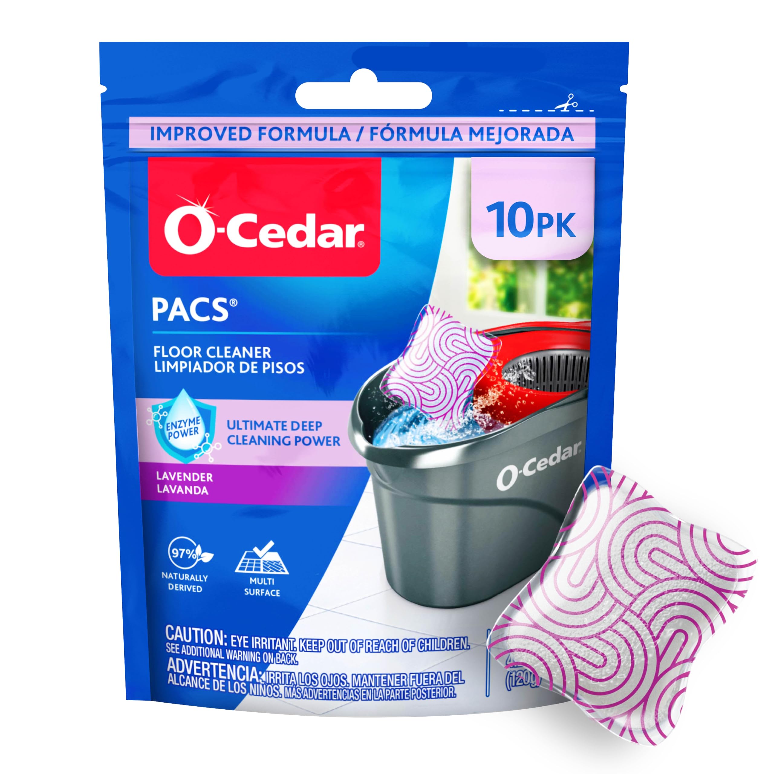 O-Cedar PACS Hard Floor Cleaner, Lavender Scent 10 Count (1-Pack) | Made with Naturally-Derived Ingredients | Safe to Use on All Hard Floors | Perfect for Mop Buckets