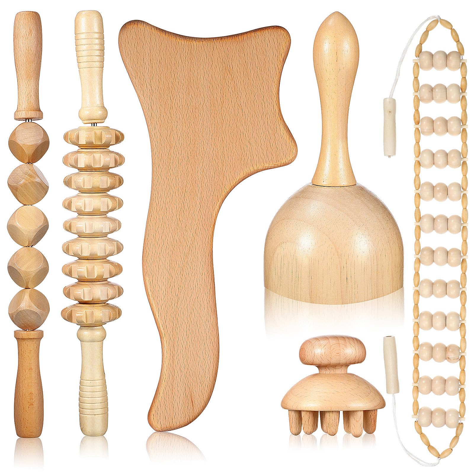 GANAZONO 6 Piezas Kit de Herramientas de Masaje de Madera Terapéuticas Rodillos y Cubos para Masaje Muscular y Linfático Relajación Corporal para Espalda y Cuello Uso Versátil para Hombre y