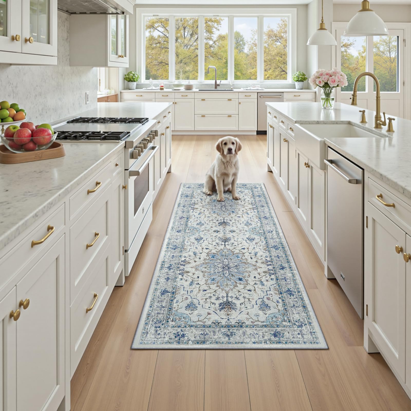 RELEANY Area Rugs 2'x6' Runner Rug Non Slip Washable for Kitchen Hallway Bedroom Beside Laundry Room Bathroom Rug, Floor Carpet, Light Blue Navy Beige