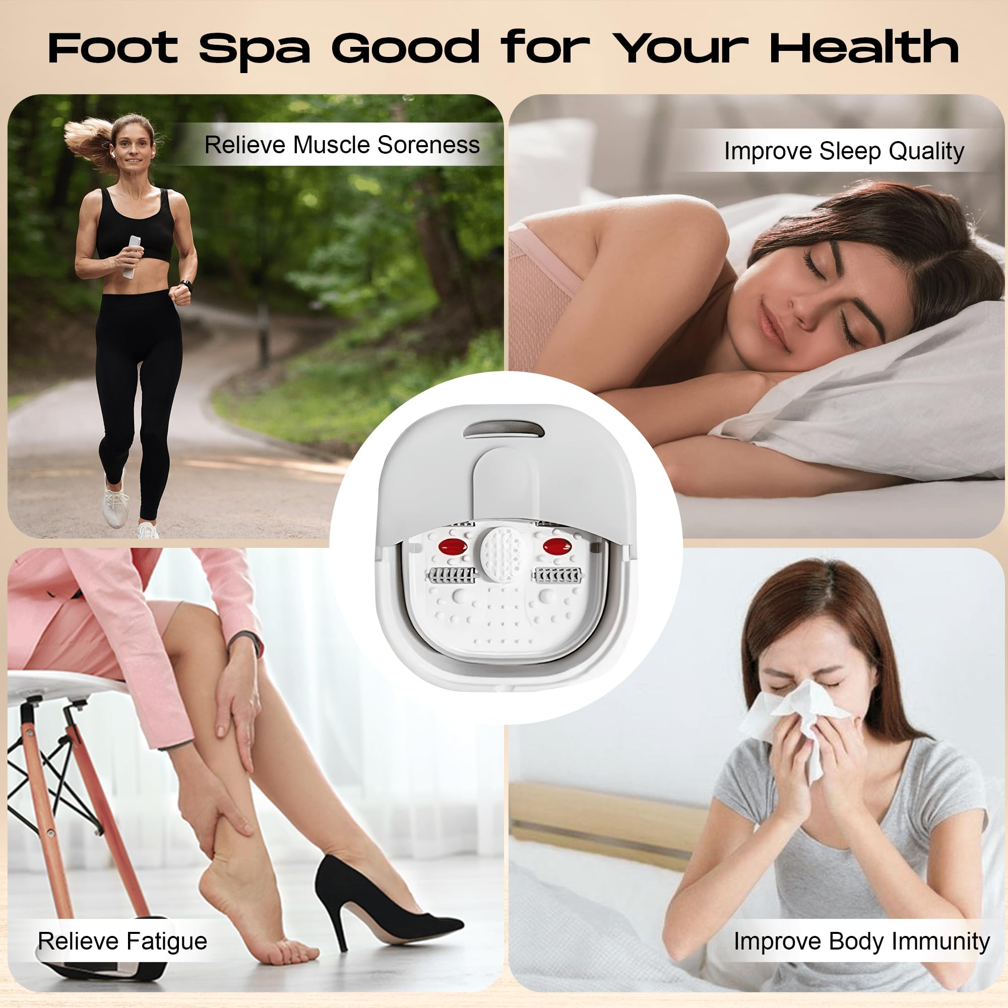 Foldable Foot Massager 500W with Heat, Bubble, Magnetic Therapy - Pedicure Foot Spa Bath with 4 Massage Rollers, Temperature Control, Red Light - Feet Soaking Tub for Relaxation, Stress Relief - Grey