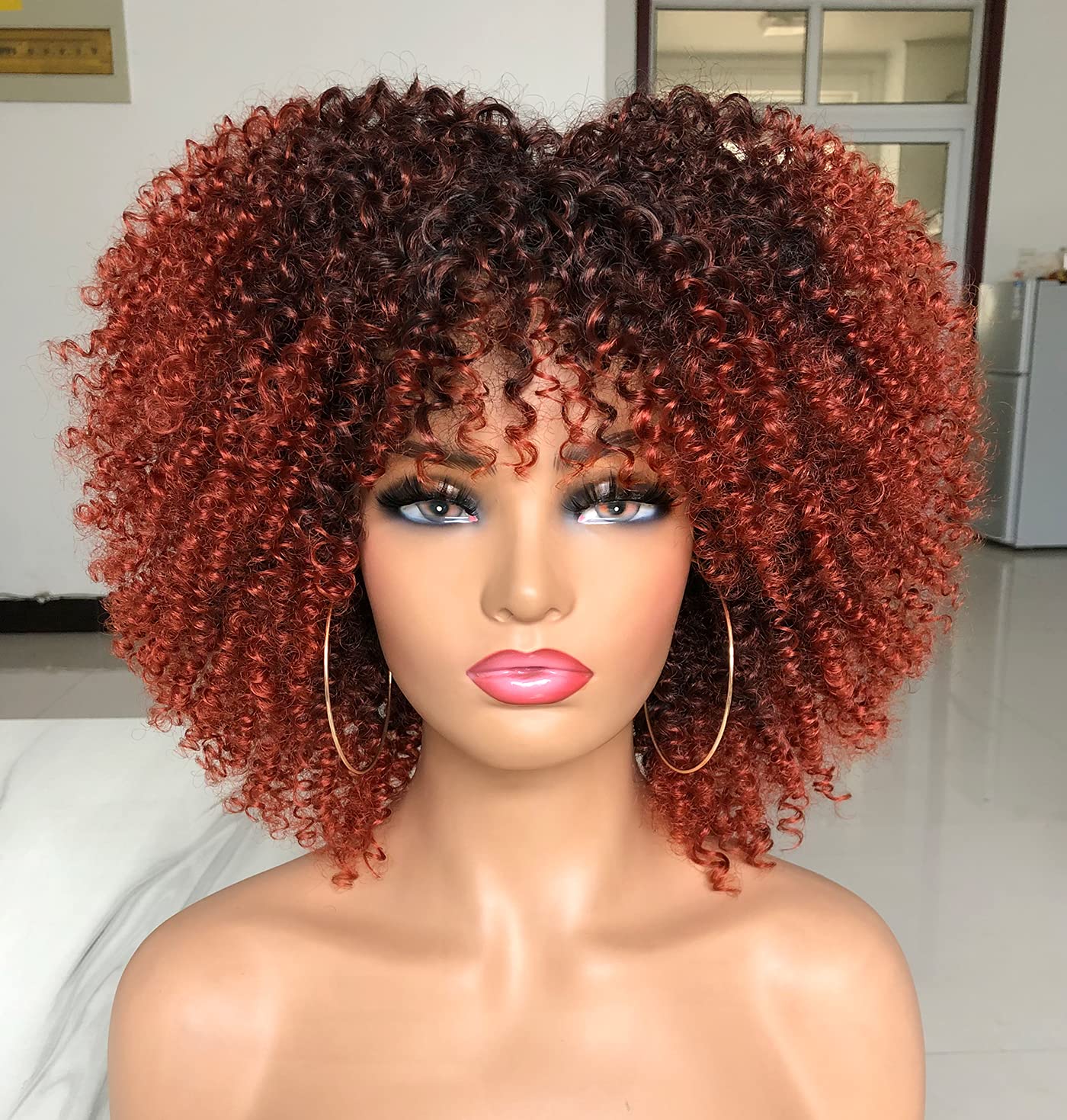 ANNISOUL 10Inch Short Curly Afro Wigs for Black Women Bomb Afro Kinky Curly Wig with Bangs Synthetic Fiber Full Wig(Black Mix Orange)