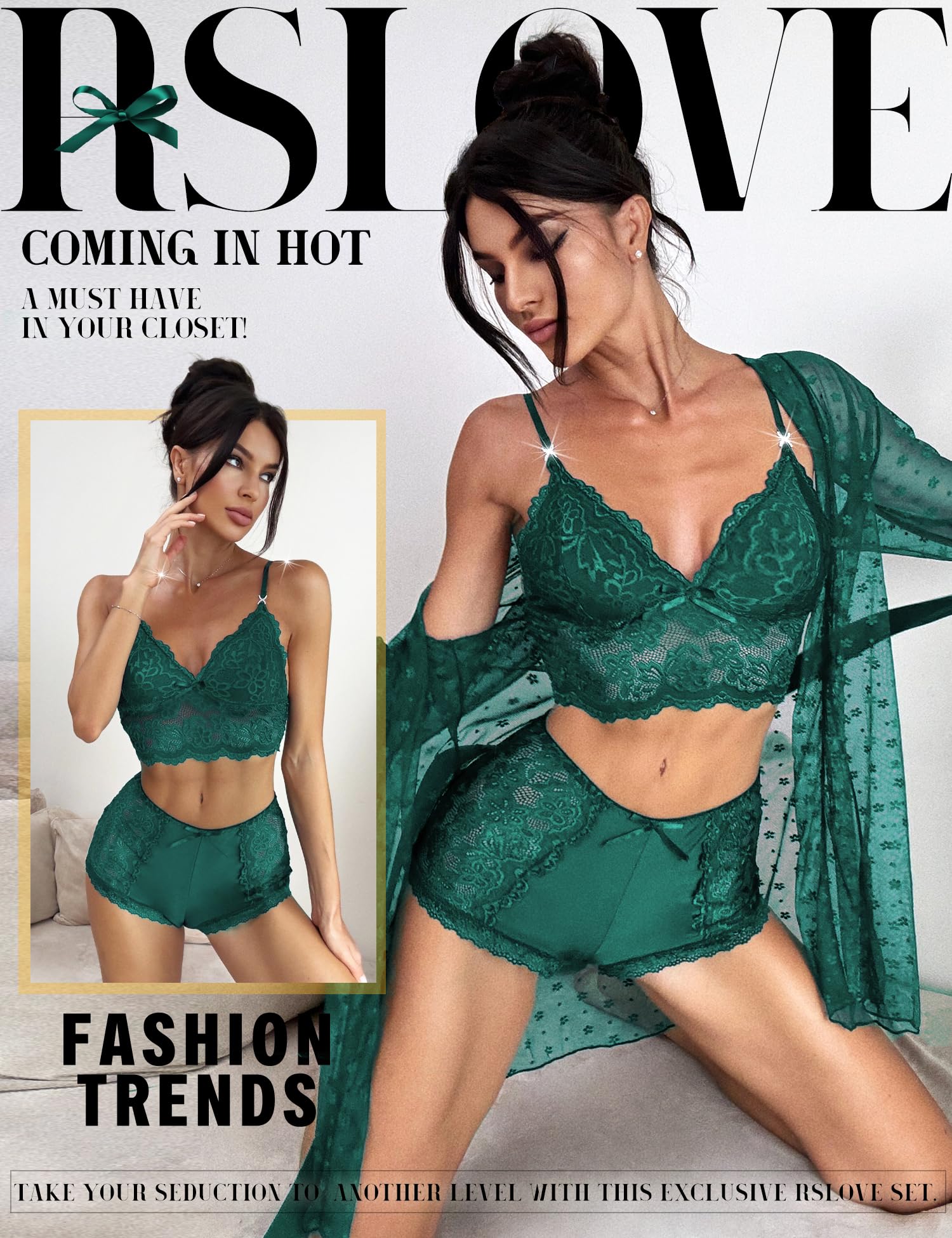 RSLOVE Women Sexy Lingerie Set - 3 Piece Lace Bra and Panty Sets with Mesh Kimono Robe Nightgown Sleepwear: X-Large Green