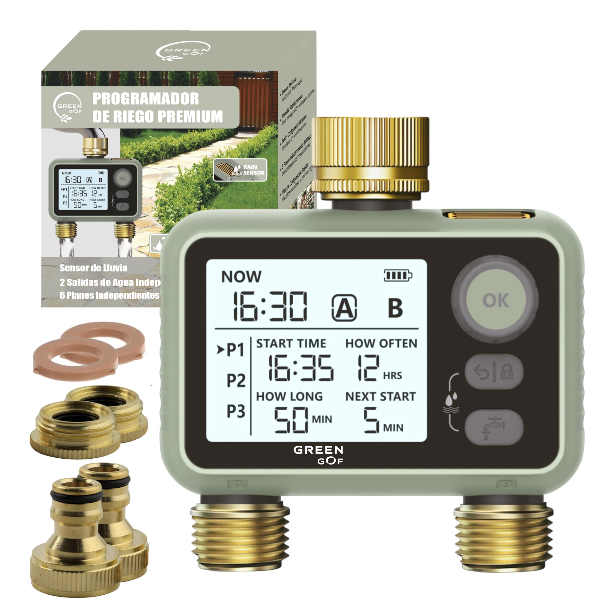 Programmatore di irrigazione Premium - Connettori in ottone - Sensore pioggia - 2 uscite d'acqua - Timer a basso consumo a batterie - 6 programmi indipendenti - Facile e intuitivo.