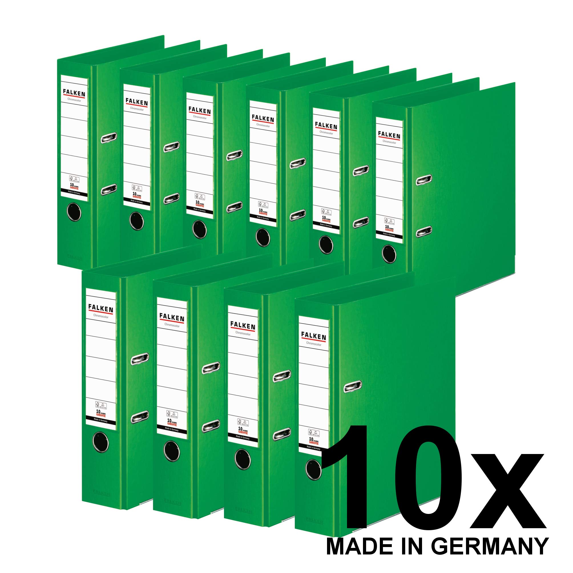 Falken lot de 10 classeurs Chromocolor. 8 cm DIN A4 vert clair pastel. Fabriqué en Allemagne. Classeur à anneaux, à lettres, de bureau, en plastique.