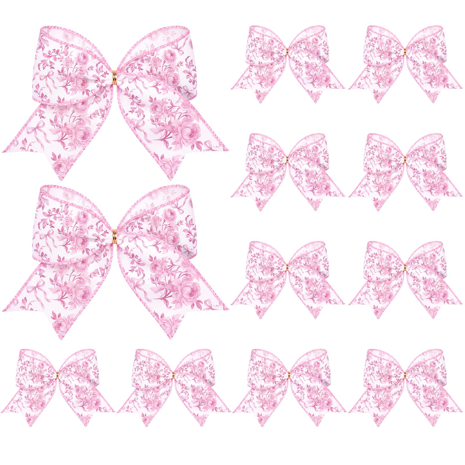 Realspring 12 Pcs 6.3 in Chinoiserie Pink Floral Christmas Bows Ornaments