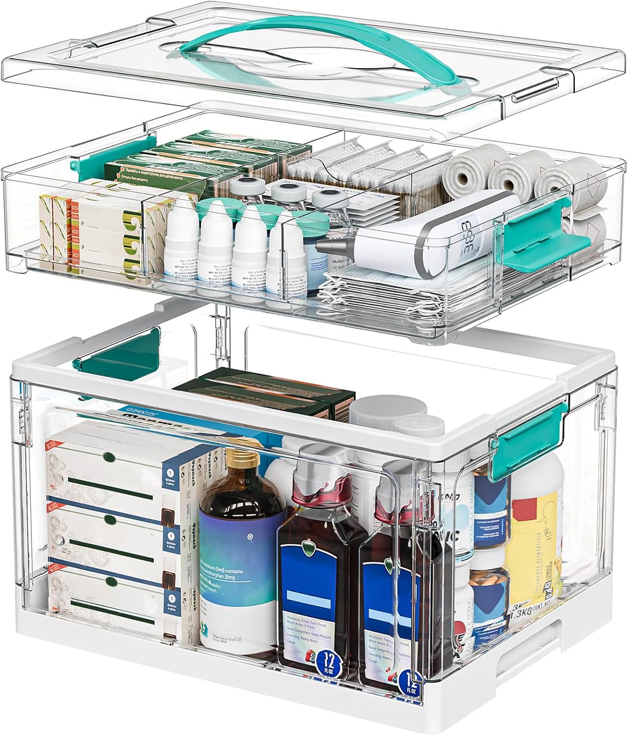 Strong 2 Section View Through Tablet Box with Secure Closure for Organized Medical Supply Storage Home Drugstore Storage