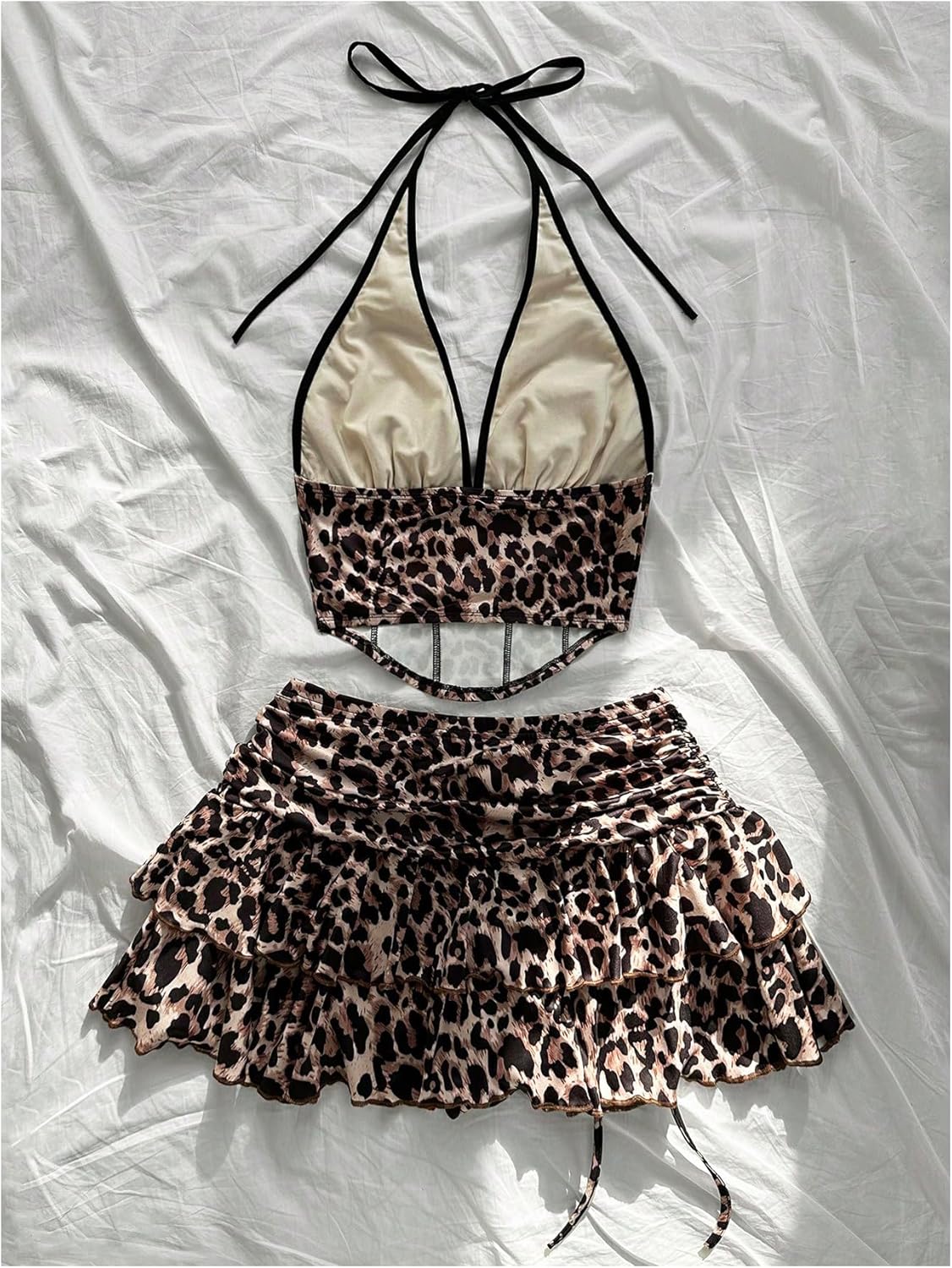 SOLY HUX Women's Leopard Skirt Outfits 2 Piece Sleeveless Halter Crop Top Ruffle Mini Skirts Y2k Rave Clothes - Image 2