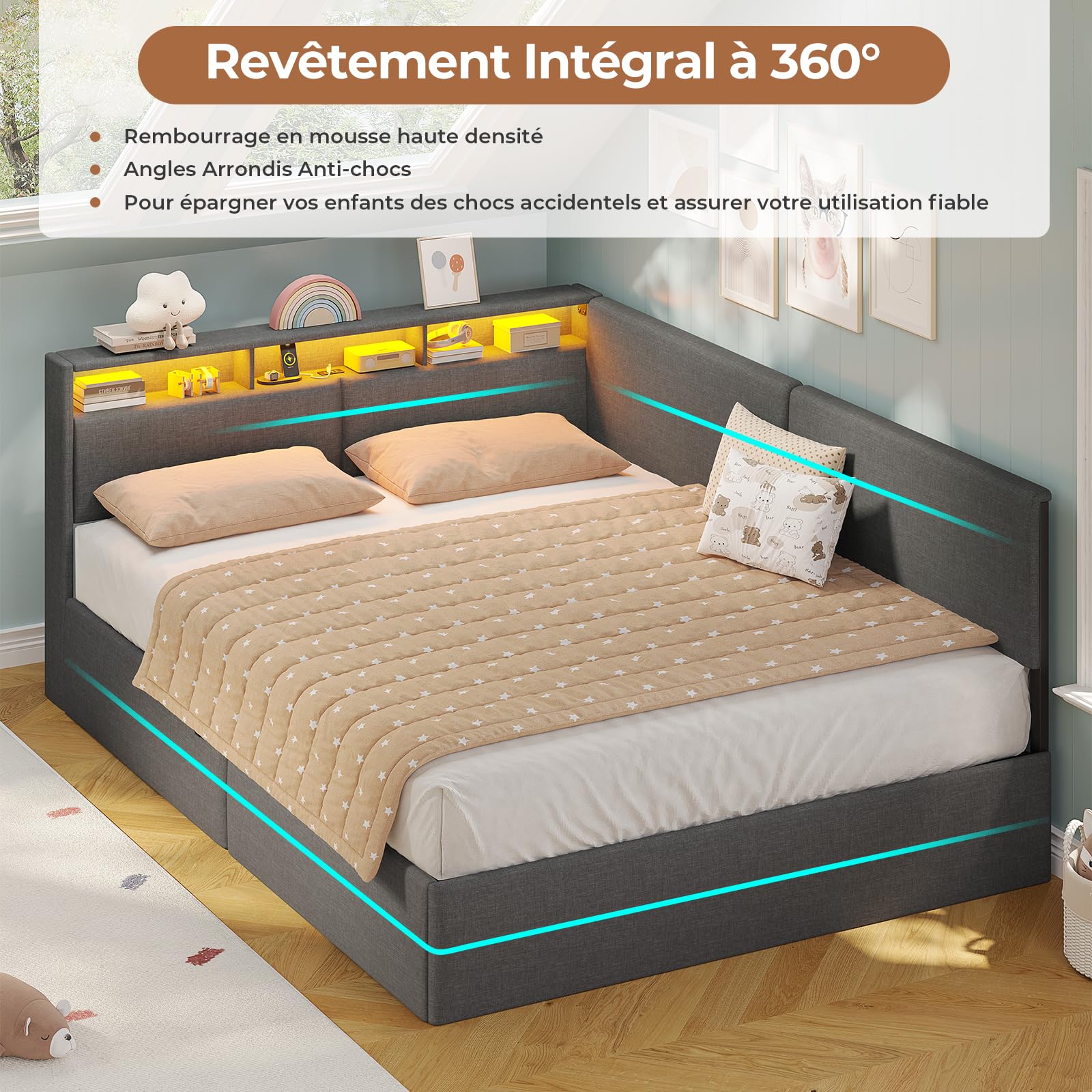 AOGLLATI Canapé lit 140 x 200, Lit Coffre 140 x 200 avec LED et Ports USB, Lit Hydraulique avec Tête de Lit capitonné et Rangement, Lit 2 Personnes avec Lattes en Bois, Lin Gris Foncé(sans Matelas)