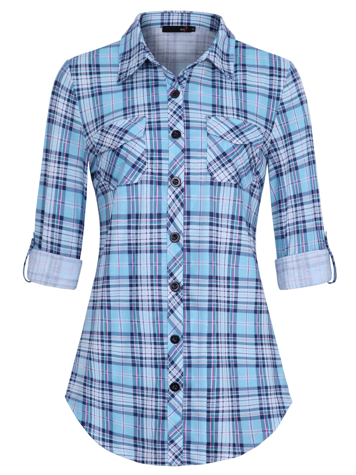 DJT Damen Weiches Gestrick Kariertes Blusen Langarm Oberteile Roll Up Ärmel Hemdbluse Button Down Tops