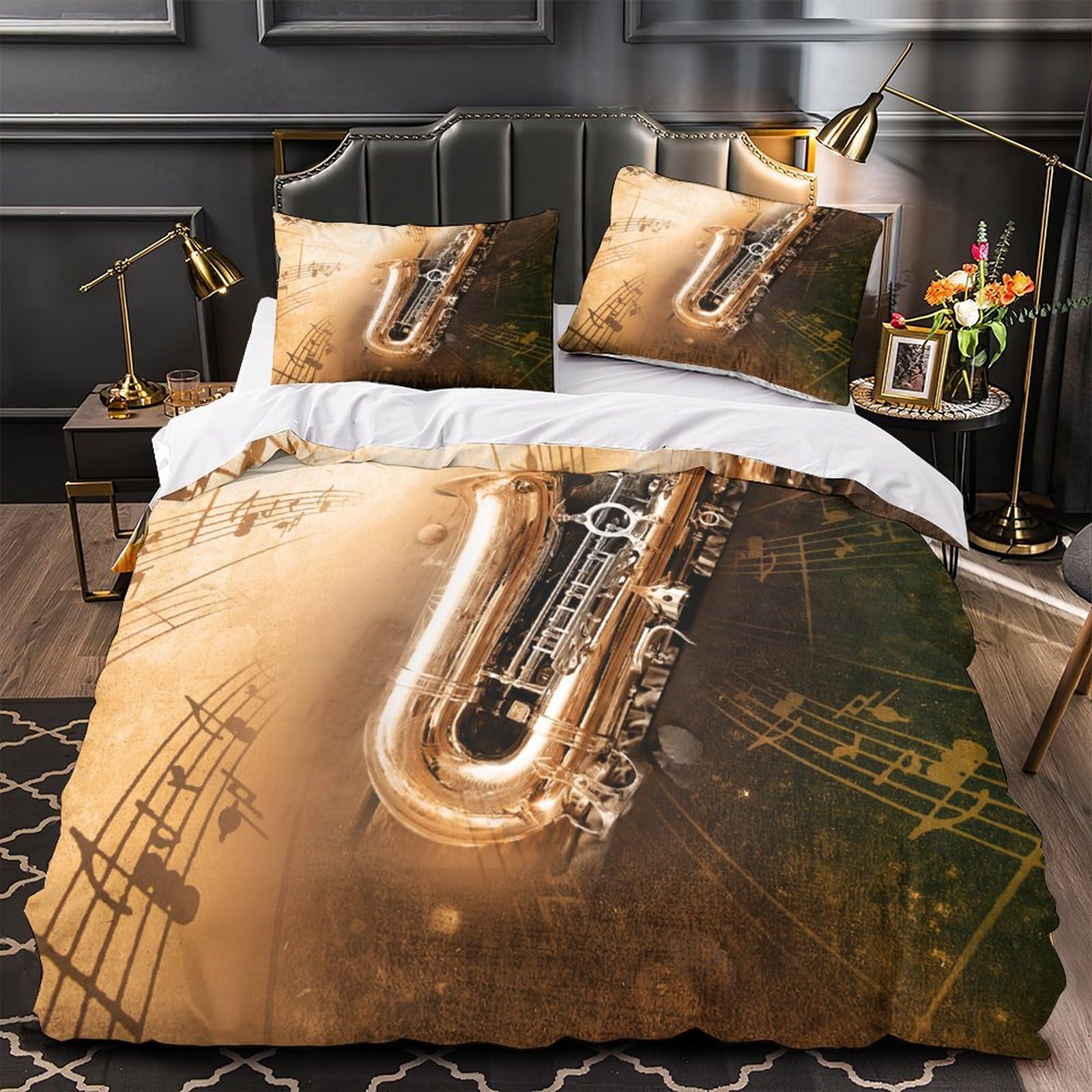 Housse de couette saxophone lit double jazz pour chambre de couple