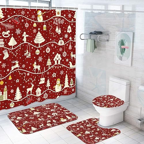 Juego de cortina de baño con alce navideño verde azulado con alfombras, juego de baño con alfombra antideslizante, cubierta para tapa de inodoro,
