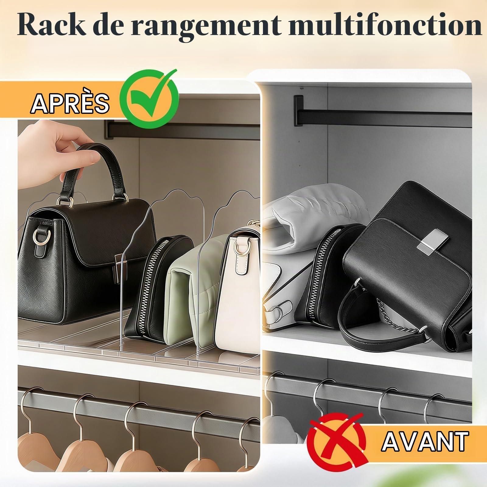 JOYBOY Rangement Sac a Main en Plastique,Organisateur de Sac à Main pour Placard,Separateur Etagere Multifonction,Séparateur de Penderie Réglable pour Chambre Cuisine,Magasin,Bureau Separateur