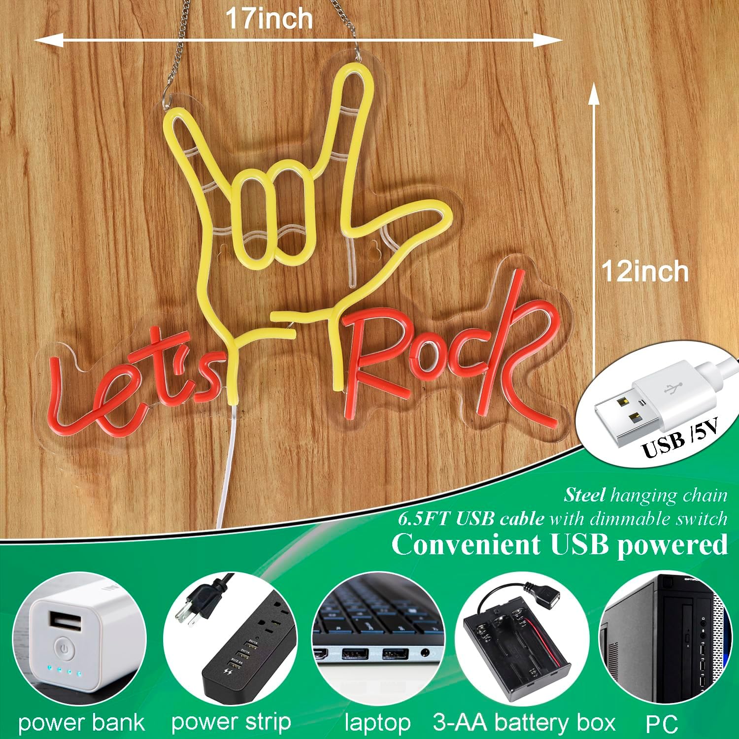 Let's Rock Hand Neon Signs for Wall Decor, LED Neon light, Dimmable USB Powered, for Home Bar Shop Classroom Man Cave Pub Recreation Room Garage Bedroom,Red and Yellow,17x12 Inch, - Image 6