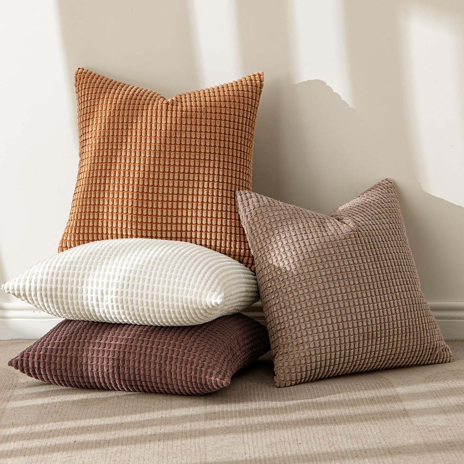 MIULEE Modern Farmhouse Decorative Lumbar Pillow Covers 20x20 Inch Set of 4 Natural Rustic Throw Pillows Neutral Warm Soft Corduroy Couch Pillowcases Home Decor for Sofa Living Room Bed Brown