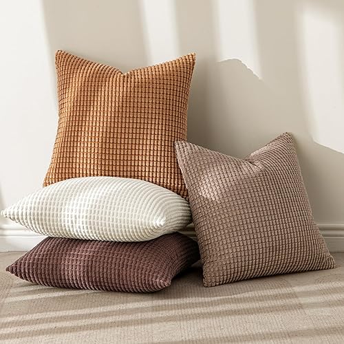 Miniatura 2 de MIULEE Juego de 4 fundas decorativas modernas de cojín lumbar de 18 x 18 pulgadas, fundas de almohada rústicas naturales de pana suave neutra, Marrón