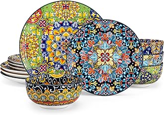 vancasso 12 Pieces Dinnerware Sets, Plates and Bowls Set, Porcelain Dishes Set for 4, Microwave and Dishwasher Safe, Scratch Resistant, Bohemian Style Dining Ware Service for 4, Series SIMI