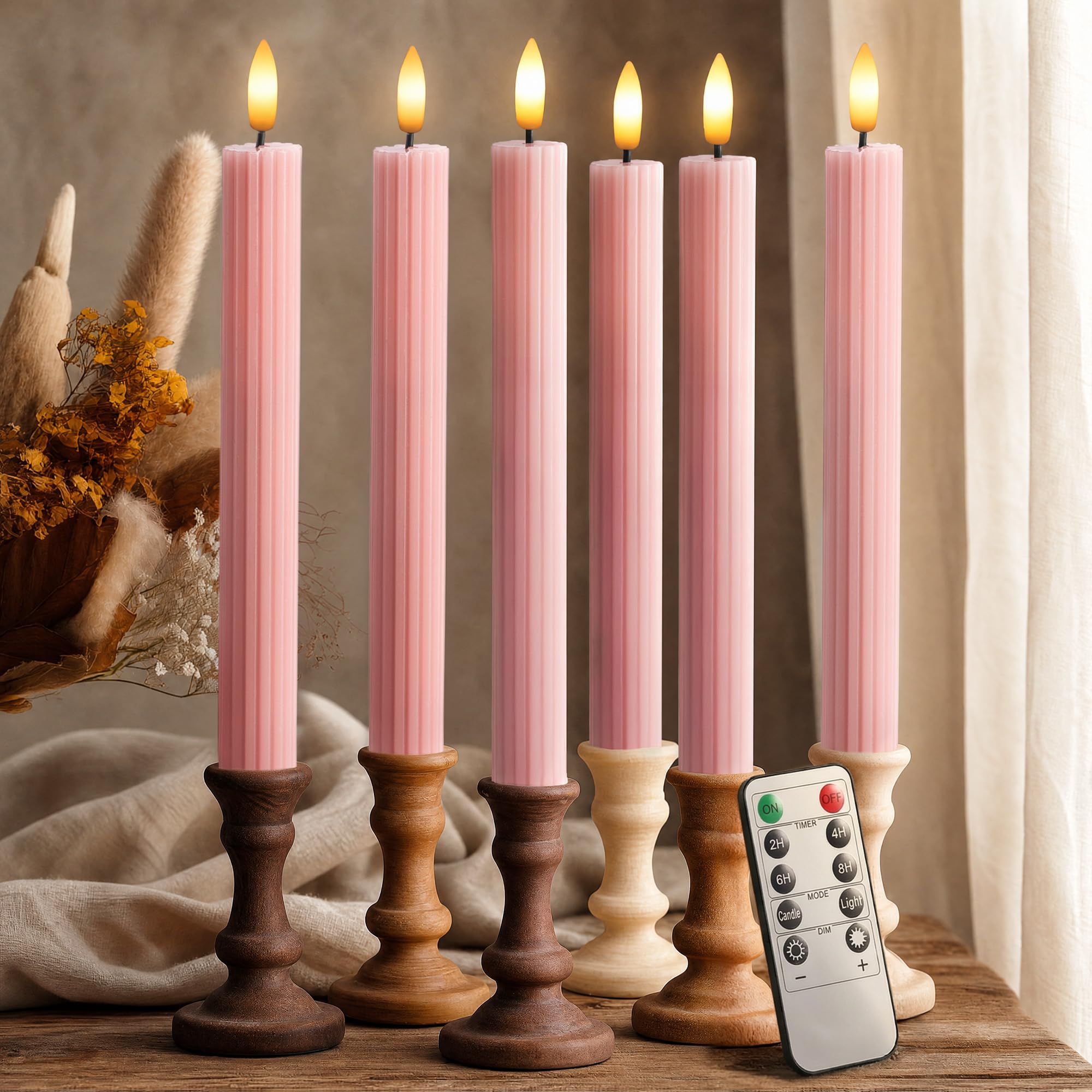 6 Pack, 10" LED Flameless Real Wax Dusty Rose Fluted Ribbed Grooved Taper Candles, Remote &amp; 24h Timer Memory, On/Off Button, Dimmable, Flicker Mode, Battery Operated, Wedding