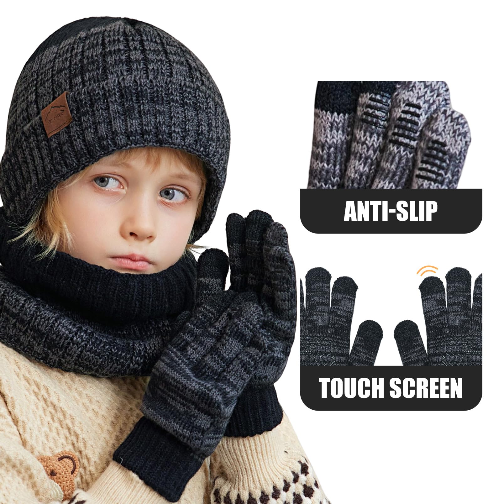Gorro Invierno Niño Niña Braga Cuello Guantes Térmico Gorro de Punto Braga Cuello Polar Guantes de Pantalla Táctil para Niños Niñas 4 a 10 Años